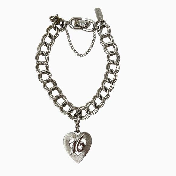 Monet Bracelet Chunky Link Removable Dangling Heart Charm 16 Silver Tone Vintage - Picture 3 of 10